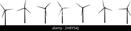 Vektorsilhouetten von Windenergieanlagen, Ausschnitt auf Weiß Stock Vektor