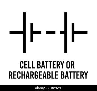 Zelle Batterie, wiederaufladbare elektronische Komponente, Vektor-Symbol flaches Design-Konzept. Elektrizitätsphysik-Programm für Bildung. Schwarz auf weißem Hintergrund. Stock Vektor