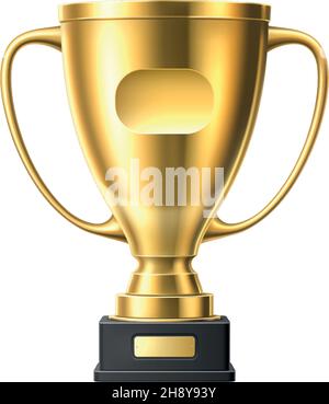 Goldener Kelch auf Sockel. Realistischer Pokalpreis Stock Vektor