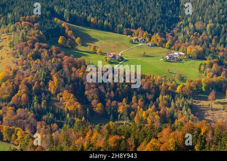 Blick auf das Tal mit Ammen und Weiden vom Mt. Kneifelspitz 1168m asl, Maria Gern, Berchtesgaden, Oberbayern, Süddeutschland Stockfoto