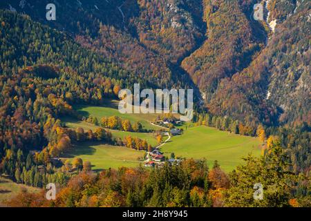 Blick auf das Tal mit Ammen und Weiden vom Mt. Kneifelspitz 1168m asl, Maria Gern, Berchtesgaden, Oberbayern, Süddeutschland Stockfoto