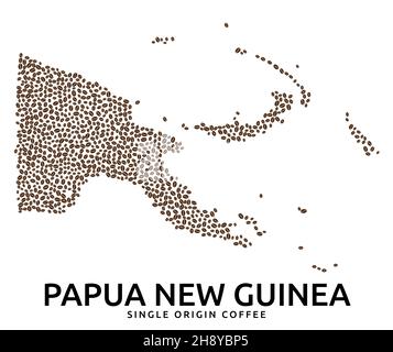 Form der Papua-Neuguinea-Karte aus verstreuten Kaffeebohnen, Ländername unten Stock Vektor