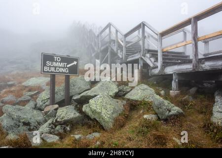 Holztreppe, die an einem nebligen Tag zum Gipfel des Mount Washington in New Hampshire, USA, führt. Stockfoto