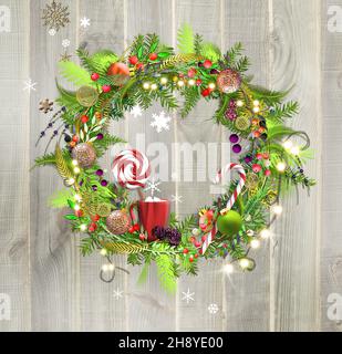 Weihnachten Neue 2022 Jahre Deko-Vorlage auf Holz. Weihnachtskranz mit Kugeln Beeren, Becher, Christbaumzweige. Festliche Winter Vorlage für Grüße Einladungskarten Menü. Speicherplatz kopieren. 3D Rendern Stockfoto