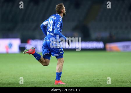 Andrea La Mantia vom FC Empoli feiert am 2. Dezember 2021 im Stadio Olimpico in Turin, Italien, das zweite Tor seines Teams während der Serie A-Partie zwischen dem FC Turin und dem FC Empoli. Stockfoto