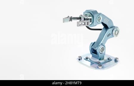 Roboterarm mit Handgriff für die Fertigung von Industrieanlagen auf isoliertem weißem Hintergrund. Technologie und futuristisches Konzept. Künstliche Intelligenz A Stockfoto