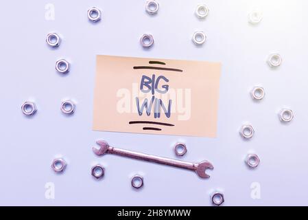 Textunterschrift mit dem Titel „Big Win“. Überblick über das Unternehmen, das ein wichtiges Preisgeld gewonnen hat, das durch den Erfolg in einem Spiel „Maintenance Tools and Equipments“ gewonnen wurde Stockfoto