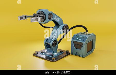Roboterarm mit Handgriff und Stromversorgung für die Fertigung von Industrieanlagen auf gelbem Hintergrund. Technologie und futuristisches Konzept. Künstliche intel Stockfoto