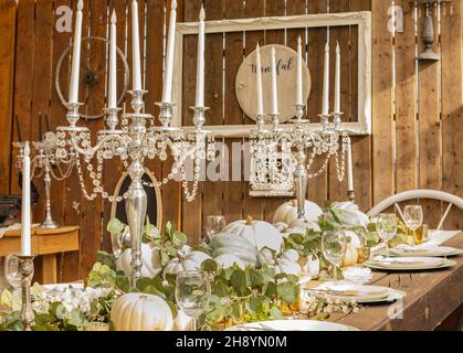 Tischdeko Herbst und Thanksgiving mit weißen Mini-Kürbissen Stockfoto