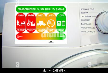 Nachhaltigkeits-Rating-Label auf der Waschmaschine, Umweltinformationen auf Konsumgüterkonzept Stockfoto