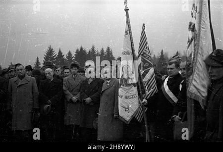 Gdañsk, 1946-11-25. Poœwiêcenie Cmentarza ¯o³nierzy Francuskich poleg³ych na ziemiach polskich podczas II wojny œwiatowej. NZ. m.in. obok sztandaru ambasador Francji Roger Garreau (w jasnim p³aszczu). mb PAP/Stanis³aw D¹browiecki Danzig, 25. November 1946. Die Weihe des Friedhofs der französischen Soldaten, die im Zweiten Weltkrieg in Polen getötet wurden Im Bild: Neben einem Banner französischer Botschafter Roger Garreau (in hellem Mantel). mb PAP/Stanislaw Dabrowiecki Stockfoto