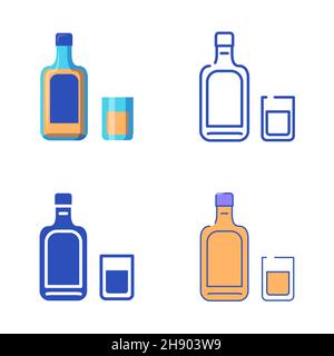 Whiskey-Flasche und Glassymbol in flacher und liniverer Ausführung. Symbol für Alkoholgetränk. Vektorgrafik. Stock Vektor