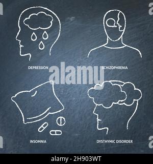 Symbol für psychische Störungen auf der Tafel in Linienform gesetzt. Symbole für Depressionen, Schlaflosigkeit, Schizophrenie und Dysthymie. Vektorgrafik. Stock Vektor