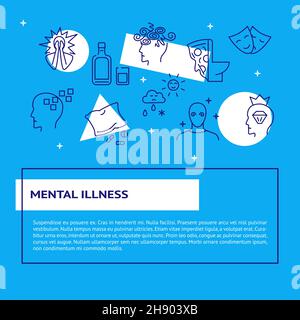 Banner für psychische Erkrankungen im Stil mit Platz für Text. Poster mit Symbolen für psychische Probleme und Störungen. Vektorgrafik. Stock Vektor