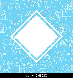 Poster mit Platz für Text für psychische Erkrankungen. Banner mit Symbolen für psychische Probleme und Störungen im Linienstil. Vektorgrafik. Stock Vektor