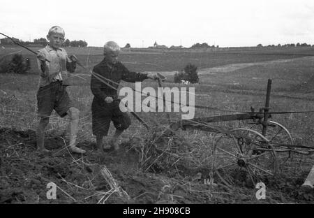 Polska, 1947. PRACE rolne. NZ. ch³opcy orz¹ Pole lekkim p³ugiem konnym. bb/mgs PAP Dok³adny miesi¹c i dzieñ wydarzenia nieustalone. Polen, 1947. Arbeit auf dem Bauernhof. Im Bild: Jungen pflügen ein Feld mit einem leichten Pflug. bb/mgs PAP Stockfoto