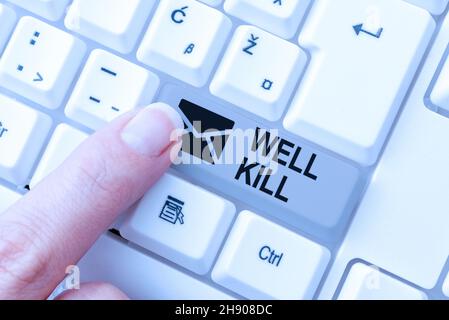 Textschild mit Well Kill. Wort für die Operation, eine Säule schwerer Flüssigkeit in eine Bohrung zu legen Abstract Typing Presentation Message, Retyping New Stockfoto