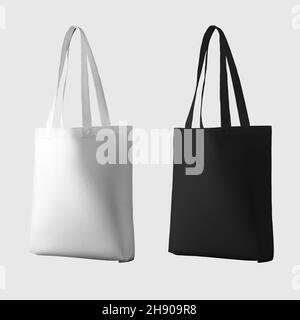 Modell aus weißem, schwarzem Totebag 3D Rendering, Ecobag mit Einkaufstiel, isoliert auf Hintergrund. Ökologische Handtasche mit Platz für Design, Muster. T Stockfoto