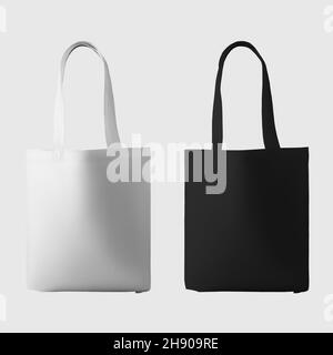 Modell aus weißem, schwarzem Totebag 3D Rendering, ökologische Handtasche zum Einkaufen, isoliert auf Hintergrund. Texturierte Stoffsack-Vorlage für Werbung. Stockfoto
