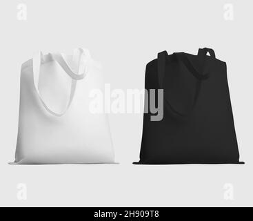 Modell aus weißem, schwarzem Totebag 3D, Sack mit Griff, zum Einkaufen, Einzelhandel, isoliert auf Hintergrund. Set ökologische Handtasche für Werbung. S Stockfoto