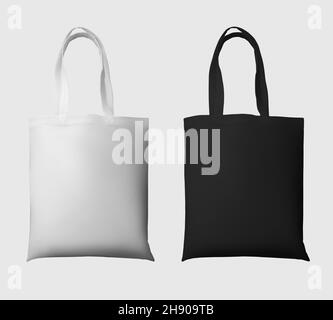 Weiße, schwarze Totebag 3D Rendering-Vorlage, ökologische Handtasche für Werbung, Platz für Design. Modup von trendigen ecobag isoliert auf Hintergrund. Kaufen Stockfoto