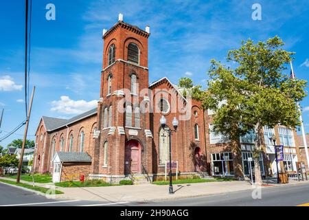 Seneca Falls, New York, Vereinigte Staaten von Amerika – 13. September 2016. Historisches Kirchengebäude, das vom Interreligiösen Fraueninstitut in Seneca Fa besetzt ist Stockfoto