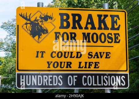 Lincoln, New Hampshire, Vereinigte Staaten von Amerika – 17. September 2016. ‘Brake for Moose’ Zeichen entlang der Kancamagus Highway in der White Mountain Natio Stockfoto