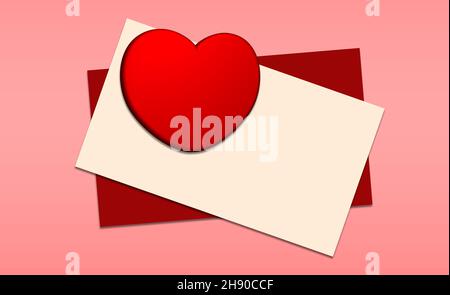 Schöner Liebesbrief mit rotem Herz und unbeschrifttem Papier. Roter Umschlag auf rosa Hintergrund. Schöner Brief aus dem Herzen Konzept. Valentinstag, Stockfoto