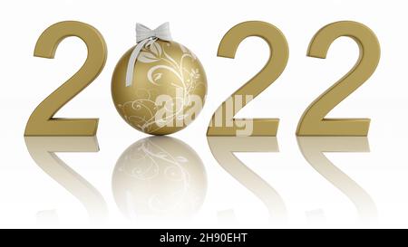 3D-Illustration. Neujahr 2022. Neujahr 2022 in Zahlen und mit Weihnachtsdekoration. Stockfoto