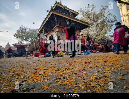 Kathmandu, Bagmati, Nepal. 3rd Dez 2021. Nepalesische Hindu-Anhänger bieten während des Bala Chaturdashi-Festivals in Kathmandu, Nepal, am 3. Dezember 2021, Körner an, die um den Shiva-Tempel herumlaufen, um an Verstorbene zu erinnern. Bala Chaturdashi Festival ist zu Ehren der verstorbenen Mitglieder der Familie, wo eifrige Anhänger streuen sieben verschiedene Arten von Samen markiert. Eifrige Anhänger verbrachten vor einem Tag eine ganze Nacht wach und zündeten Öllampen im Namen des Gedenkens an den Verstorbenen an. (Bild: © Sunil Sharma/ZUMA Press Wire) Stockfoto