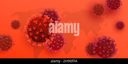 SARS-CoV-2 Coronavirus Omicron B.1.1.529. Zelldelta. Südafrika Coronavirus-Variante auf roter Weltkarte Hintergrund Stockfoto