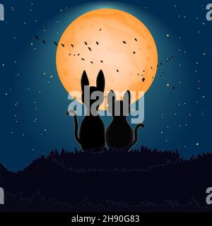 Zwei Katzen Silhouetten auf Vollmond Hintergrund. Romantische Liebeskatzen paares auf einem Hügel unter dem Nachthimmel mit vielen Sternen und orangefarbenem Mond. Vektorgrafik Stock Vektor