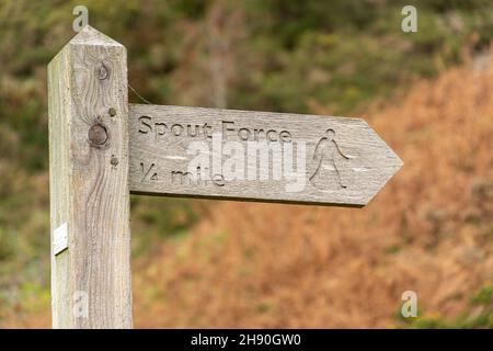 Wegweiser, der auf die Spout Force im Whinlatter Pass im Lake District, Cumbria, England, Großbritannien, zeigt Stockfoto