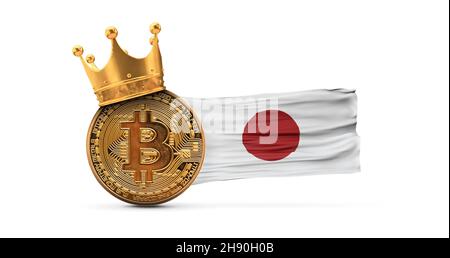 Bitcoin mit Goldkrone und Japan-Flagge. Kryptowährung King-Konzept. 3D Rendering Stockfoto