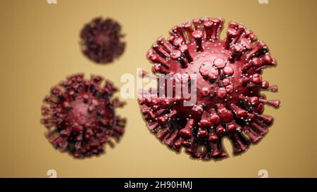 3D Darstellung von roten Covid-19 Coronavirus-Zellen, Darstellung des sars-Cov-2-Modells auf gelbem Hintergrund Stockfoto