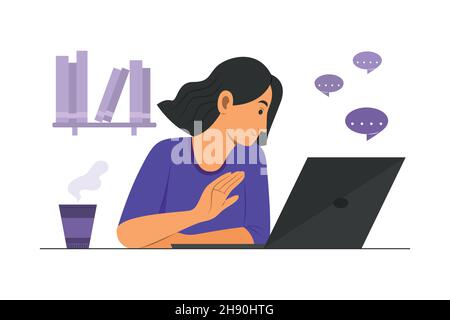 Frau chattet und arbeitet online von zu Hause aus. Stock Vektor