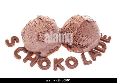 Zwei Kugeln Schokoladeneis und die Schrift „Schokolade“ Stockfoto