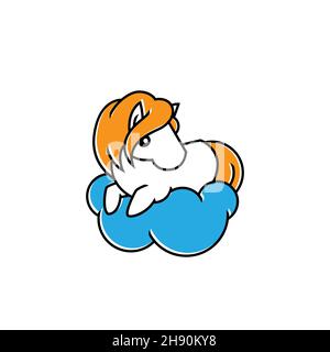 Niedliches kleines Pferd, das auf dem Wolkentier-Cartoon liegt Stock Vektor