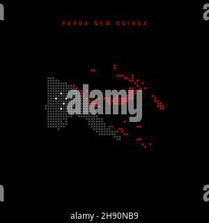 Karte mit quadratischen Punkten von Papua-Neuguinea. PNG-Karte mit gepunkteten Pixeln und Nationalflaggenfarben auf schwarzem Hintergrund. Vektorgrafik. Stock Vektor