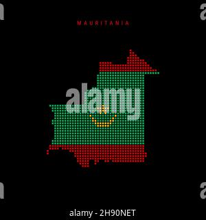 Karte mit quadratischen Punkten von Mauretanien. Mauretanische gepunktete Pixelkarte mit Nationalflaggenfarben isoliert auf schwarzem Hintergrund. Vektorgrafik. Stock Vektor