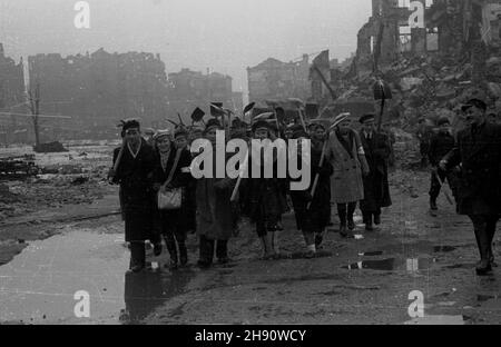 Warszawa, 1947-03. Studenci z Centralnego Akademickiego Komitetu Odbudowy Stolz bior¹ udzia³ w odœnie¿aniu stolicy. kw PAP Dok³adny dzieñ wydarzenia nieustalony. Warschau, März 1947. Studenten des Zentralen Akademischen Wiederaufbaukomitees in Warschau, die an einer städtischen Schneeräumaktion teilnehmen. kw PAP Stockfoto