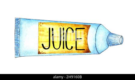 Aquarell-Illustration einer weißen Röhre mit gelbem Etikett und der Aufschrift Juice darauf. Weltraumnahrung, Nahrung für Astronauten, Essen in Schwerelosigkeit, dri Stockfoto