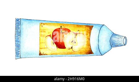 Aquarell-Illustration eines weißen Tubus mit gelbem Etikett und einem Apfel darauf. Weltraumnahrung, Nahrung für Astronauten, befindet sich in der Schwerelosigkeit. Apfelmus in a t Stockfoto