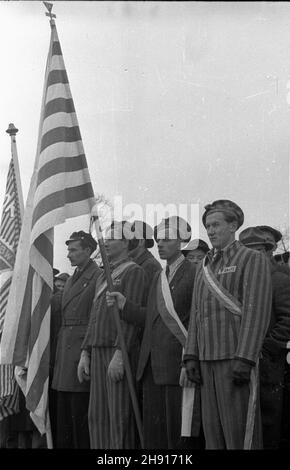 Warszawa, 1947-03-23. Inauguracja Miêdzynarodowego tygodnia solidarnoœci by³ych wiêŸniów politycznych niemieckich wiêzieñ i obozów koncentacyjnych. W uroczystoœciach wziêli udzia³ cz³onkowie Polskiego Zwi¹zku B. WiêŸniów Politycznych oraz przedstawiciele w³adz pañstwowych. NZ. uroczystoœci na placu Zwyciêstwa. Delegacja by³ych wiêŸniów obozów konzentracyjnych z okrêgu Brzesko Ko³o Tarnowa. uu PAP Warschau, 23. März 1947. Eröffnung der internationalen Solidaritätswoche ehemaliger politischer Gefangener deutscher Gefängnisse und Konzentrationslager. An den Zeremonien nahmen Mitglieder der Th Stockfoto