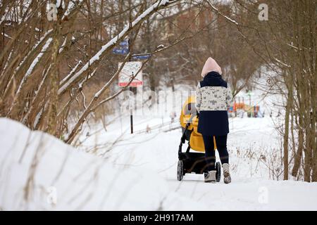 Frau mit einem Kinderwagen beim Wandern im Winterpark. Schneewetter, Konzept der Mutterschaft, alleinerziehende Mutter mit Kinderwagen Stockfoto