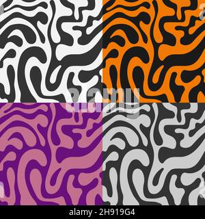 Satz von nahtlosen Mustern mit abstraktem Hintergrund von gestreifter Tierhaut. Dunkle Streifen von Tiger auf orangefarbenem Hintergrund. Ornament für Dekoration und Prin Stock Vektor