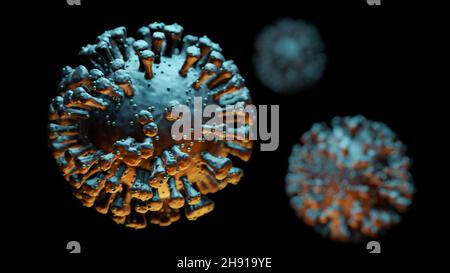 Illustration von Covid-19 Coronavirus Zellen, 3D Visualisierung des sars-Cov-2 Modells auf schwarzem Hintergrund Stockfoto
