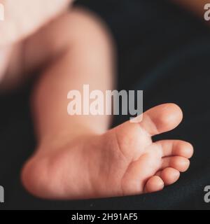 Die Füße des Neugeborenen auf dunklem Hintergrund. Die Finger des Neugeborenen aus der Nähe, selektiver Fokus. Hochwertige Fotos Stockfoto