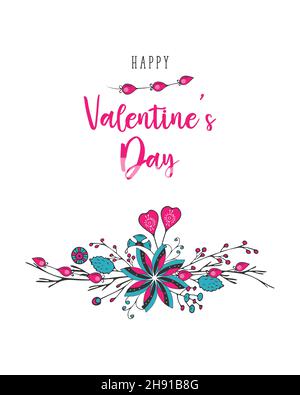 Happy Valentines Day Grußkarte mit der Aufschrift Herz, Liebe, Leidenschaft, Liebhaber. Dudling Blumen handgezeichnet, auf weißem Hintergrund. Vektorgrafik Stock Vektor