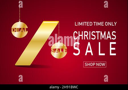 Weihnachtsverkauf und schwarzer freitag. Prozentsatz, der wie Kugeln Weihnachtsbaum rockt. Vektorgrafik auf rotem Hintergrund. Stock Vektor